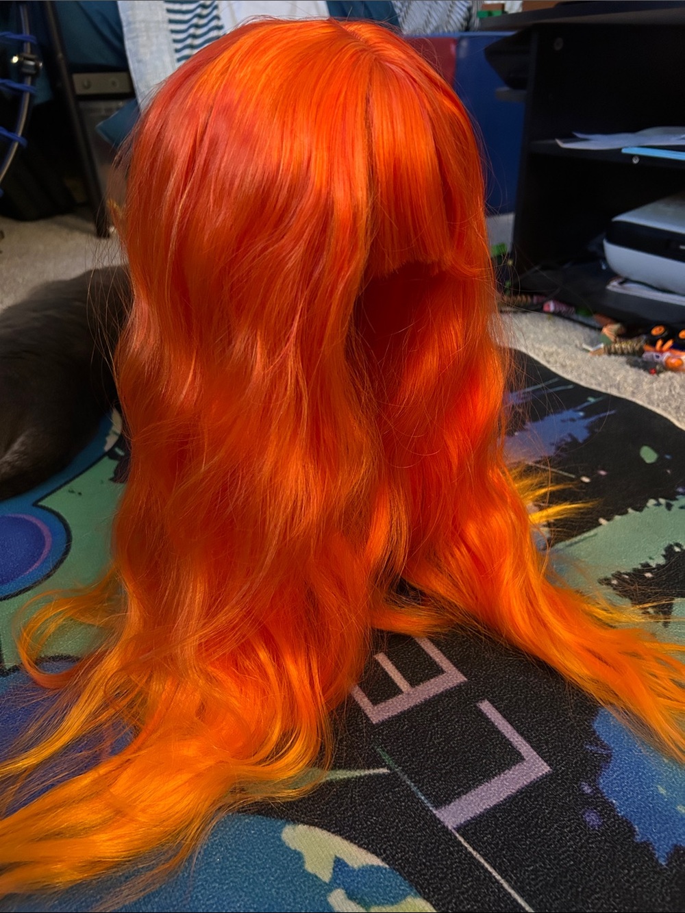 Vivid Orange Long Wavy Synthetic Wig with Bangs - Unbranded